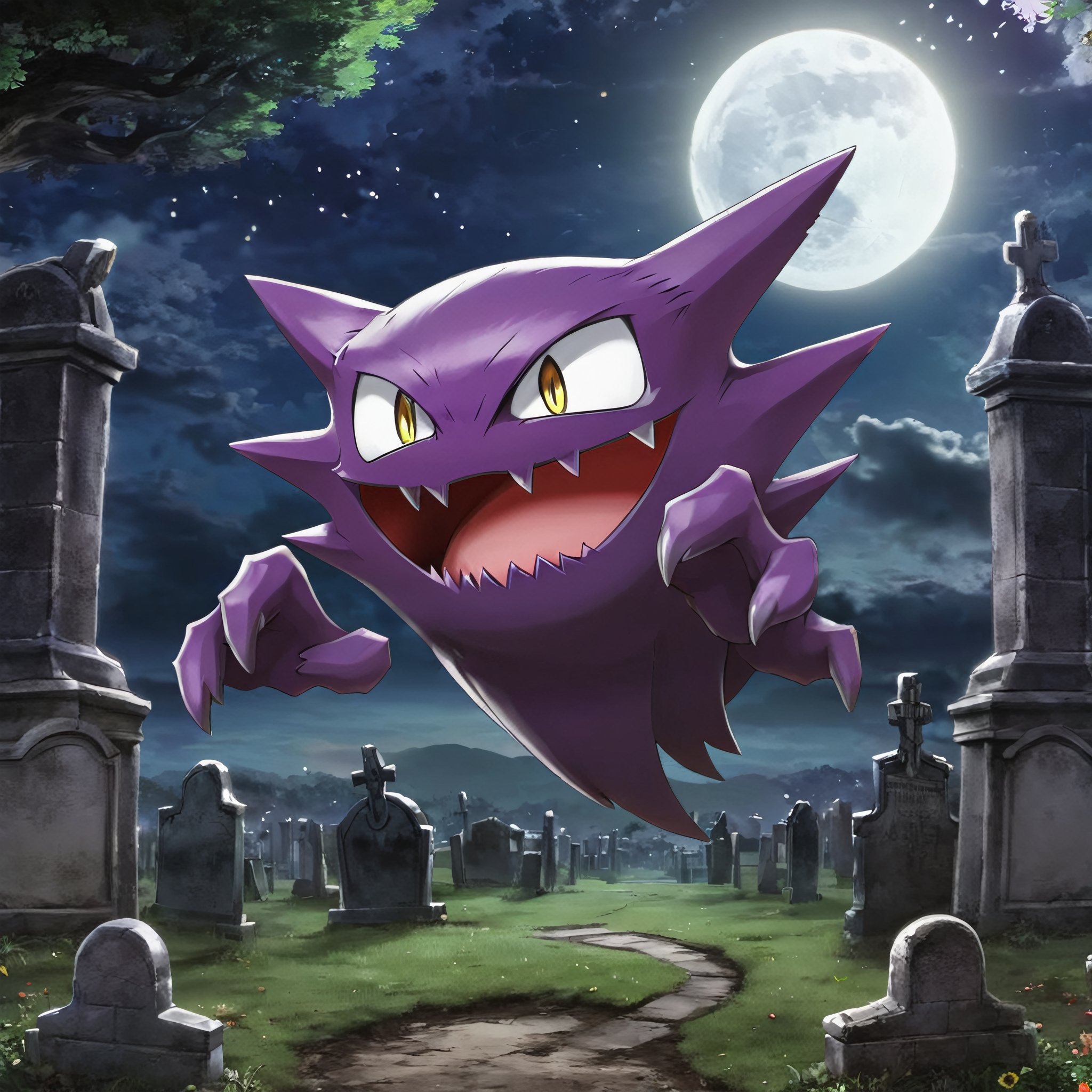 ((masterpiece, best quality)),  ,  Haunter_Pokemon,  floating,  no humans,  pokemon \(creature\), solo,  evil smile,  looking at viewer,  graveyard,  crescent moon, cinematic composition,  , more detail XL,<lora:EMS-150504-EMS:0.800000>,<lora:EMS-61413-EMS:0.800000>