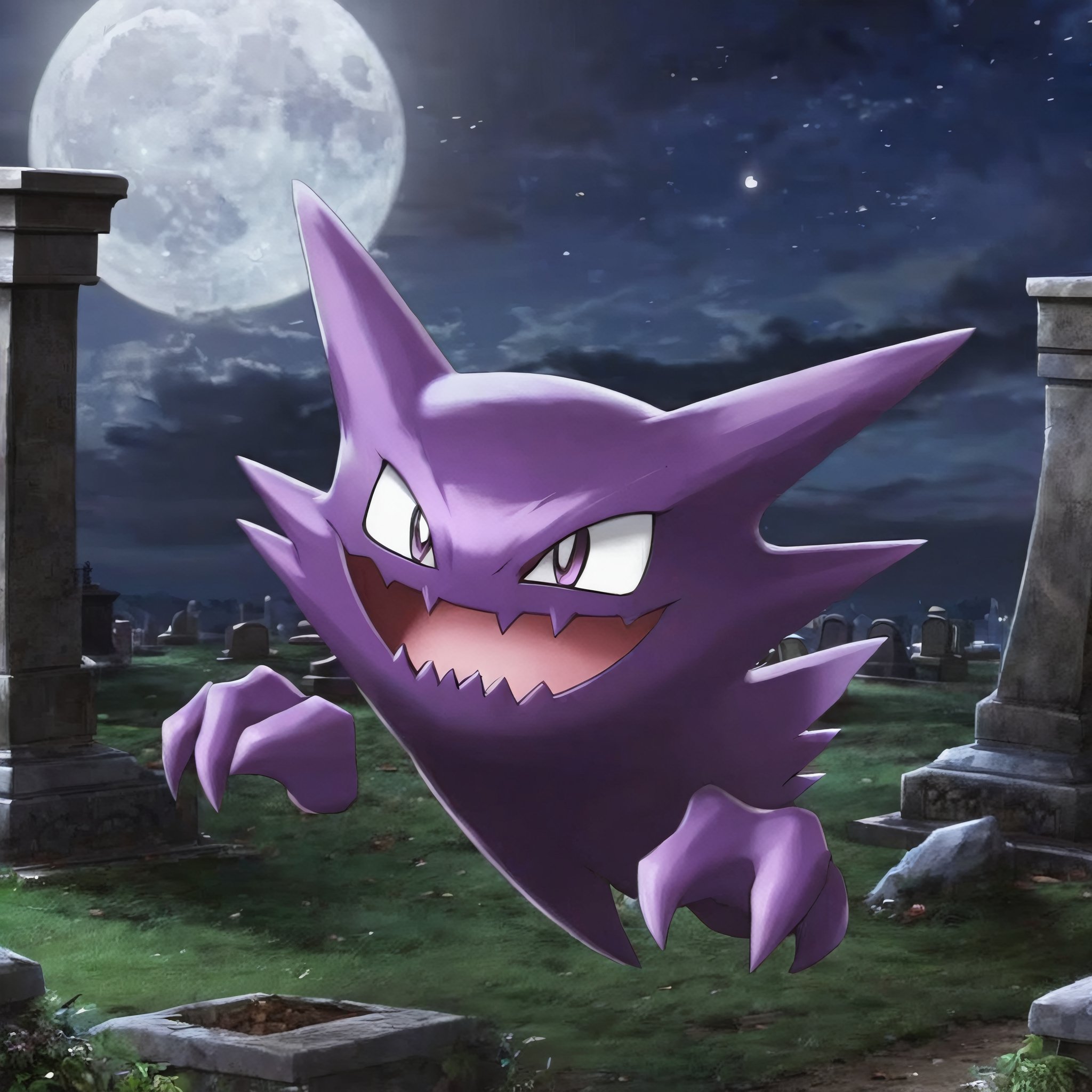 ((masterpiece, best quality)),  ,  Haunter_Pokemon,  floating,  no humans,  pokemon \(creature\), solo,  smiling,  looking at viewer, graveyard,  crescent moon, cinematic composition,<lora:EMS-150504-EMS:0.800000>