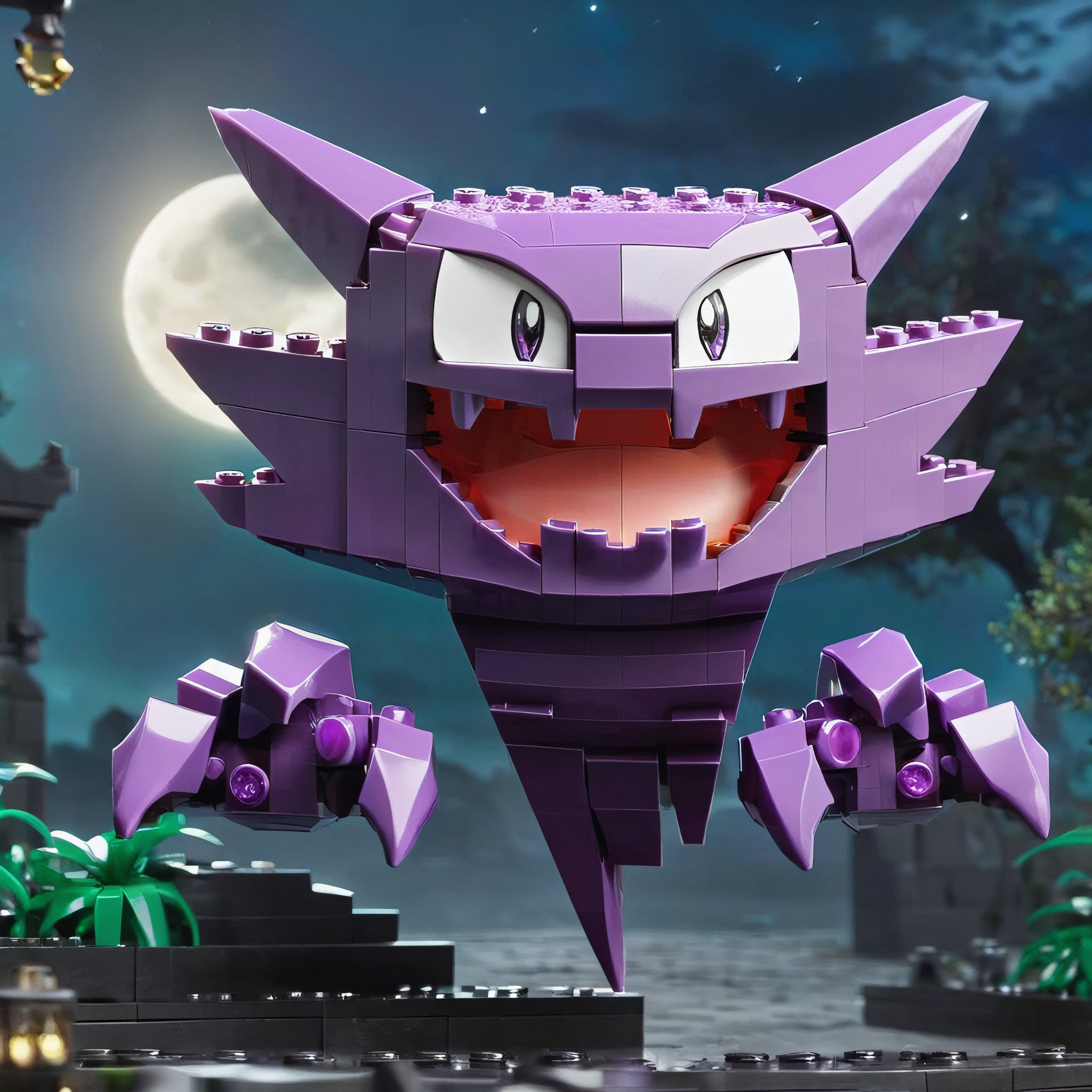 ((masterpiece, best quality)),  ,  Haunter_Pokemon,  floating,  no humans,  pokemon \(creature\), solo,  evil smile,  looking at viewer,  graveyard,  crescent moon, cinematic composition,  , lego,<lora:EMS-150504-EMS:0.800000>,<lora:EMS-88310-EMS:0.800000>