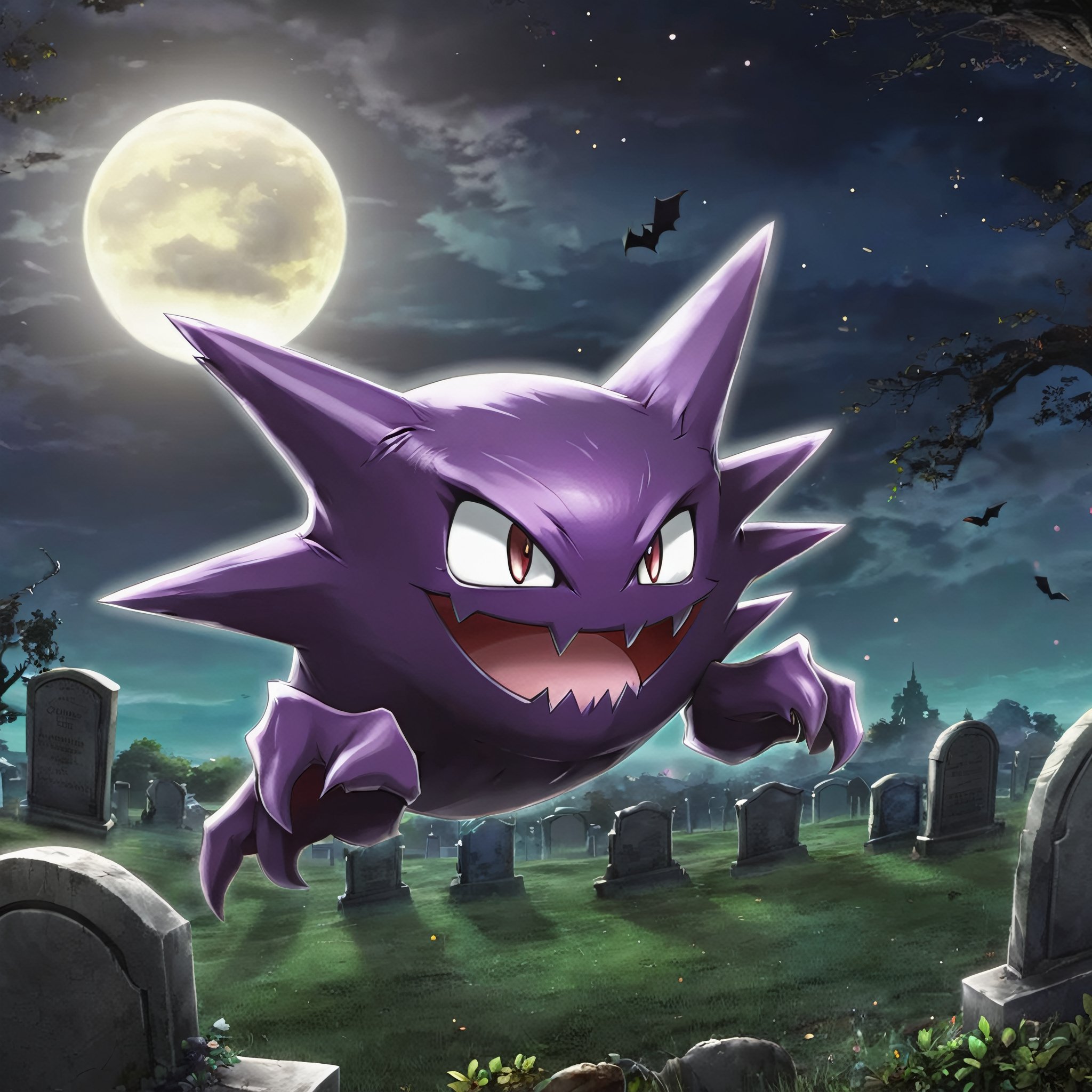 ((masterpiece, best quality)),  ,  Haunter_Pokemon,  floating,  no humans,  pokemon \(creature\), solo,  evil smile,  looking at viewer,  graveyard,  crescent moon, cinematic composition,  , more detail XL,<lora:EMS-150504-EMS:0.800000>,<lora:EMS-61413-EMS:0.800000>