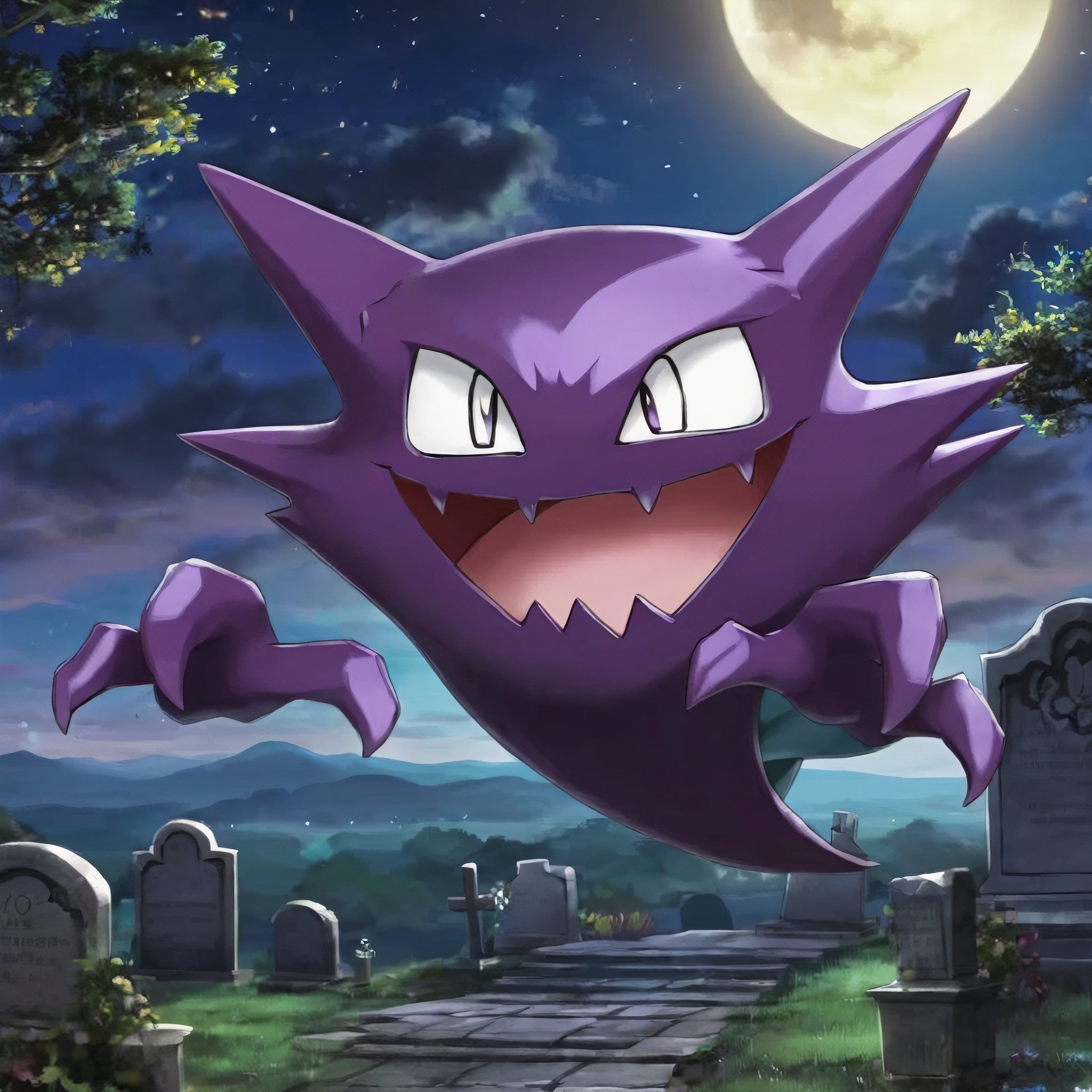 ((masterpiece, best quality)),  ,  Haunter_Pokemon,  floating,  no humans,  pokemon \(creature\), solo,  smiling,  looking at viewer, graveyard,  crescent moon, cinematic composition,<lora:EMS-150504-EMS:0.800000>