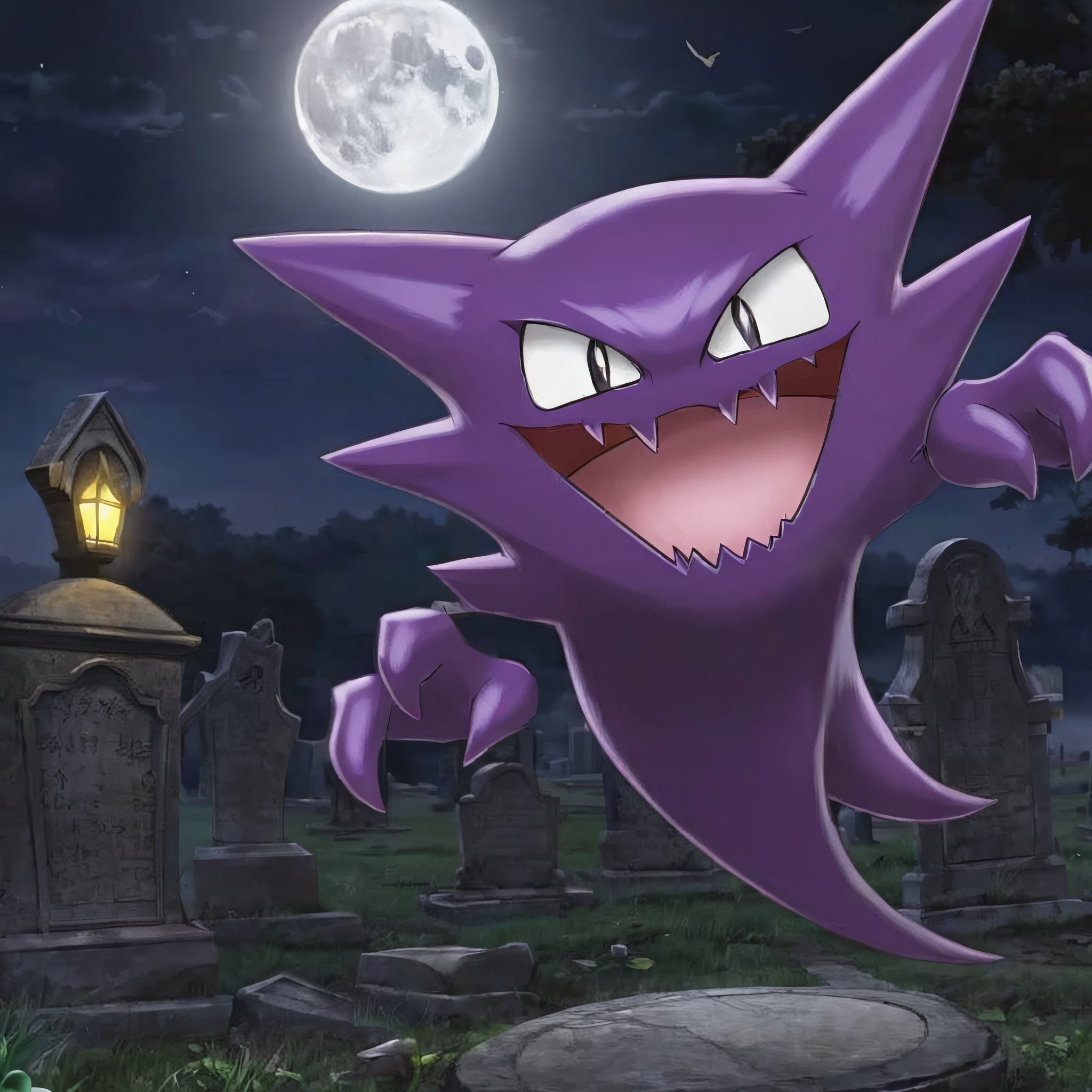 ((masterpiece, best quality)),  ,  Haunter_Pokemon,  floating,  no humans,  pokemon \(creature\), solo,  smiling,  long tongue,  tongue out,  looking at viewer, graveyard,  crescent moon, cinematic composition,<lora:EMS-150504-EMS:0.800000>