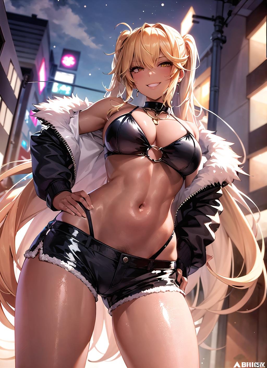 gyaru ,(fit, ablines, leg muscles:1.1), thighs, 1girl, (shiny skin:1.2), cleavage, (dark skin:1.1), smirk, standing,short shorts, off-shoulder jacket,fur trim, fishnets, gold chain, navel, looking at viewer,realistic,grin ,hand on hip,large breasts, honey blonde hair, very long hair, wavy hair, alley street background,(masterpiece, high quality)<lora:ShinyOiledSkin_v20-LyCORIS:1>