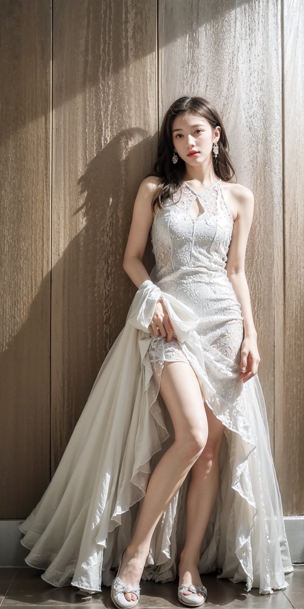  aMasterpiece, high quality, beautiful wallpaper,detailed face,delicatefeatures,(solo:1.2),((1girl)),(tallbody),full body,long leg, luxurious wedding dress, tutututu