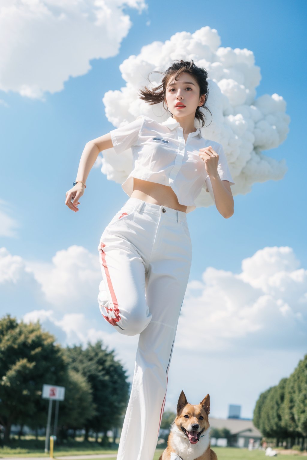  High quality, illustrations,watercolor:0.5, 1girl, the movement style, run with a dog, white shirt, white pants, one arm to wear sports watches, clouds, in the face of lens, the tree, the outdoors,cheerful candy \(module\),