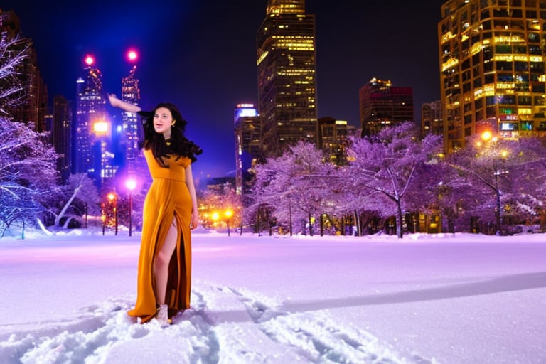 masterpiece, best quality, 1girl, , solo, , fashi-girl, , mature girl, , , cute, sweet, , long brown hair, , ponytail hair, , , brown eyes, , closed mouth, , red lips, , , face brushed by the wind, , , white dress, , medium breasts, (city ​​at night snowing and falling snowflakes background), Masterpiece, girl smile,Masterpiece,girl