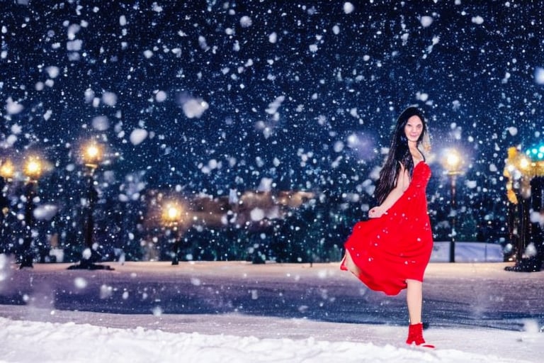 masterpiece, best quality, 1girl, , solo, , fashi-girl, , mature girl, , , cute, sweet, , long brown hair, , ponytail hair, , , brown eyes, , closed mouth, , red lips, , , face brushed by the wind, , , white dress, , medium breasts, (city ​​at night snowing and falling snowflakes background), Masterpiece, girl smile,Masterpiece,girl