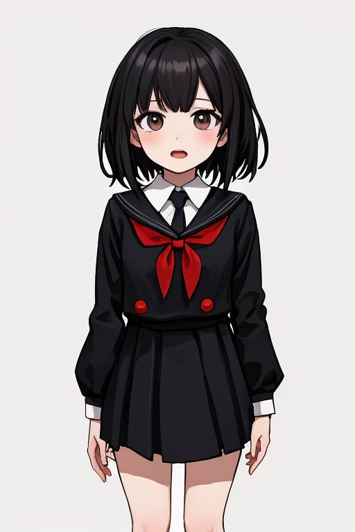 
1girl, 
(masterpiece, best quality:1.2), 
standing, 
(child:1.2),
(school uniform:1.1),
(open mouth:1.1),
(View front:1.1),
(looking at biewer:1.1),
(simple background:1.7),
(Black hair:1.1),
