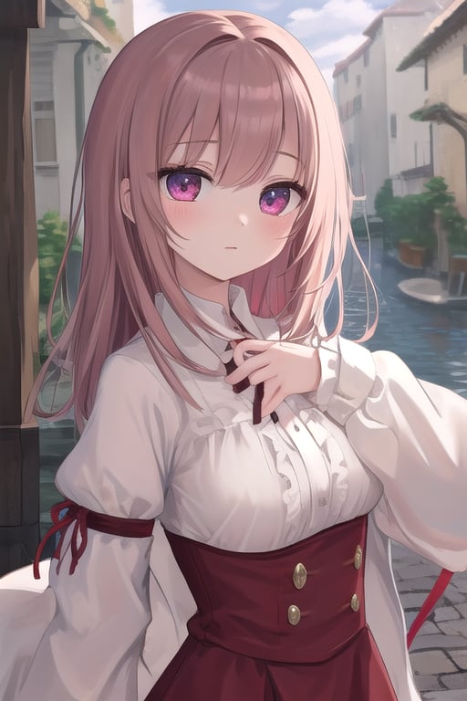 (masterpiece),  best quality,  high resolution,  highly detailed,  detailed background,  perfect lighting,  1girl,  bangs,  ruby eyes,  medium breasts,  blouse,  medieval village,<lora:EMS-150592-EMS:1.000000>