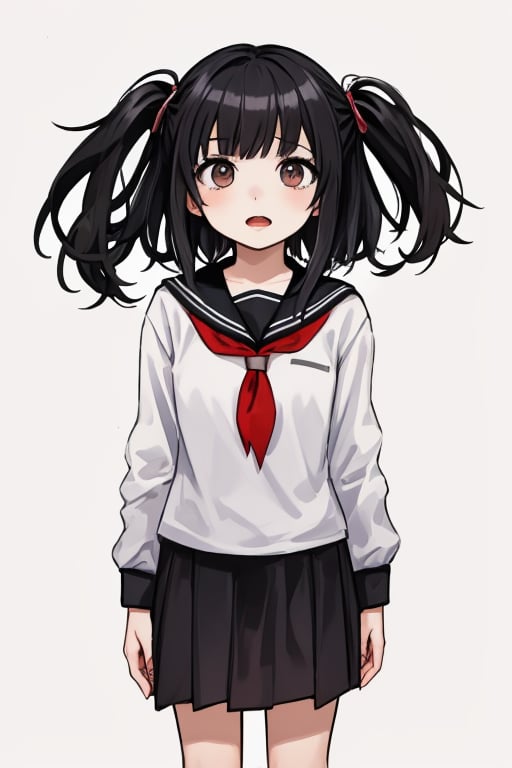 
1girl, 
(masterpiece, best quality:1.2), 
standing, 
(child:1.2),
(school uniform:1.1),
(open mouth:1.1),
(View front:1.1),
(looking at biewer:1.1),
(simple background:1.7),
(Black hair:1.1),
