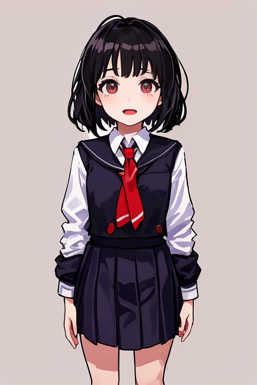 
1girl, 
(masterpiece, best quality:1.2), 
standing, 
(child:1.2),
(school uniform:1.1),
(open mouth:1.1),
(View front:1.1),
(looking at biewer:1.1),
(simple background:1.7),
(Black hair:1.1),
