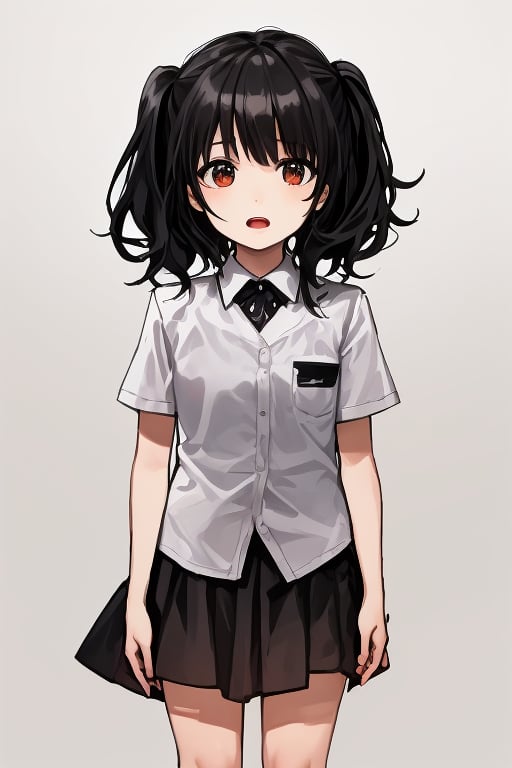 
1girl, 
(masterpiece, best quality:1.2), 
standing, 
(child:1.2),
(school uniform:1.1),
(open mouth:1.1),
(View front:1.1),
(looking at biewer:1.1),
(simple background:1.7),
(Black hair:1.1),
