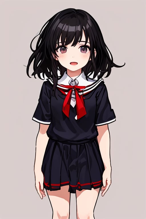 
1girl, 
(masterpiece, best quality:1.2), 
standing, 
(child:1.2),
(school uniform:1.1),
(open mouth:1.1),
(View front:1.1),
(looking at biewer:1.1),
(simple background:1.7),
(Black hair:1.1),
