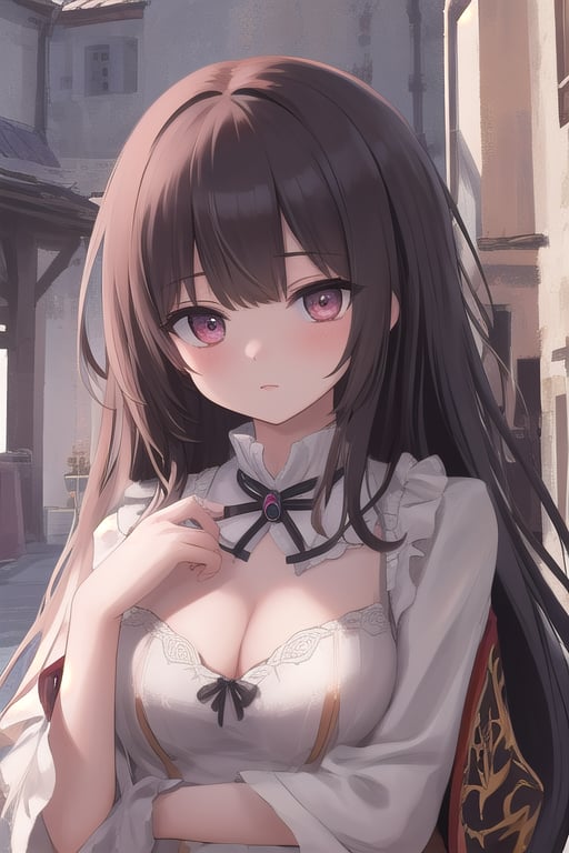 (masterpiece),  best quality,  high resolution,  highly detailed,  detailed background,  perfect lighting,  1girl,  bangs,  ruby eyes,  medium breasts,  blouse,  medieval village,<lora:EMS-150592-EMS:0.800000>