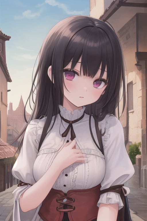 (masterpiece),  best quality,  high resolution,  highly detailed,  detailed background,  perfect lighting,  1girl,  bangs,  ruby eyes,  medium breasts,  blouse,  medieval village,<lora:EMS-150592-EMS:0.800000>