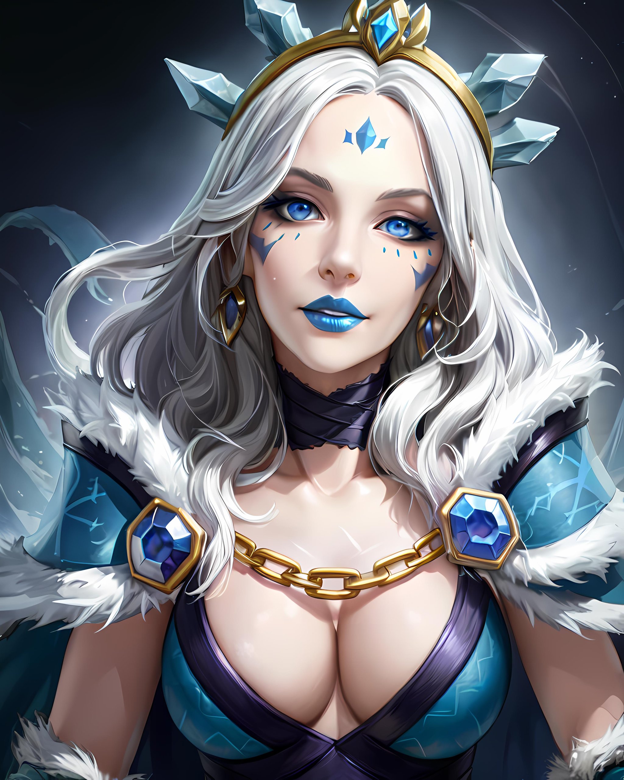 masterpiece, (photorealistic:1.4), best quality, beautiful lighting, RAW photo, 8k uhd,colorful,maiden, 1girl, solo, long hair, looking at viewer, blue eyes, large breasts, cleavage, jewelry, upper body, white hair, earrings, armor, lips, fur trim, makeup, facial mark, crown, lipstick, shoulder armor, gem, forehead mark, blue lips<lora:crystalmaiden:0.6>