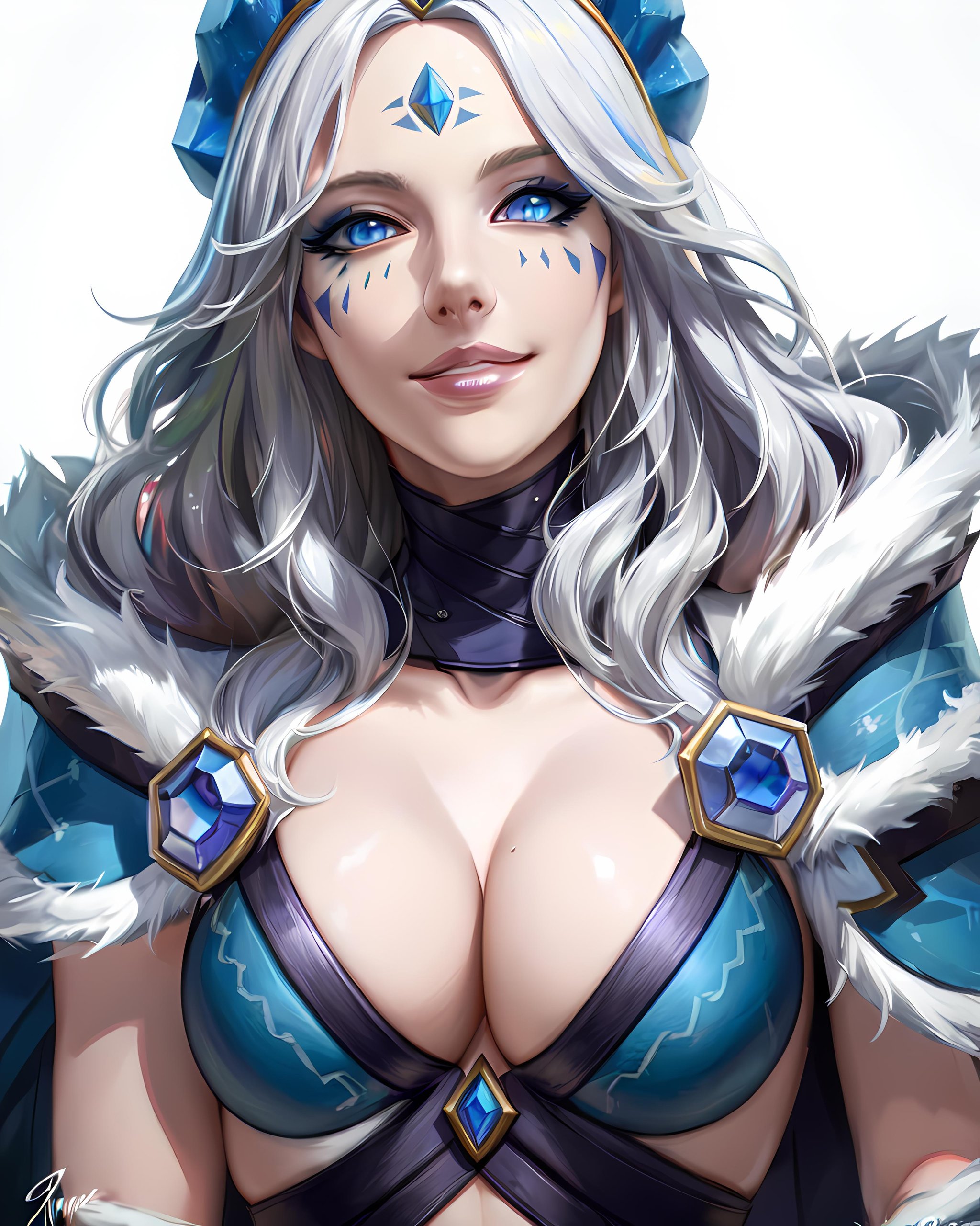 masterpiece, (photorealistic:1.4), best quality, beautiful lighting, RAW photo, 8k uhd,colorful,maiden, 1girl, solo, long hair, looking at viewer, smile, blue eyes, white background, cleavage, white hair, parted lips, signature, fur trim, makeup, chain, facial mark, gem<lora:crystalmaiden:0.6>