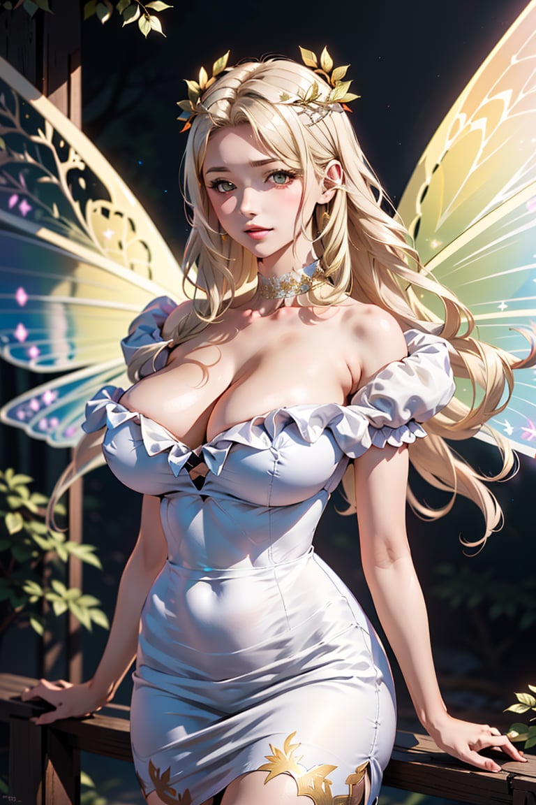 large breasts , blonde hair , long hair , fairy wings,(masterpiece, best quality, hi-res:1.2), 1woman, mature girl , solo,fairy wings, white dress , blonde hair , long hair , large breasts   , perfect anatomy, sexy pose ,Laurel wreath , short sleeve dress  , high detailed , forest,ero style