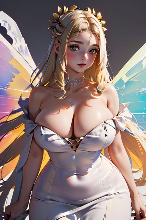 <lora:auroraFateV10-000012:0.8>,(masterpiece, best quality, hi-res:1.2), 1girl, solo,wings , blonde hair , beutiful girl , huge breasts , dress , fitted white dress , dress with clamps , thicc