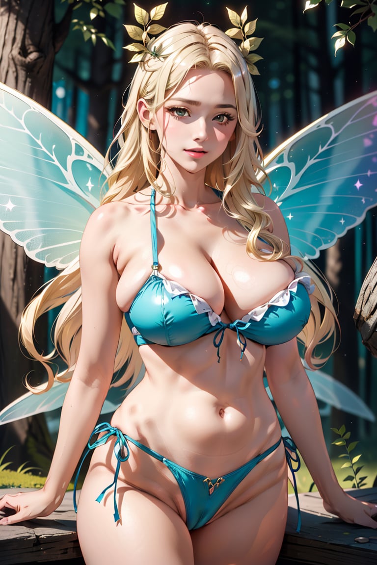 large breasts , blonde hair , long hair , fairy wings,(masterpiece, best quality, hi-res:1.2), 1woman, mature girl , solo,fairy wings , blonde hair , long hair , large breasts   , perfect anatomy, sexy pose ,Laurel wreath , side-tie_bikini  , high detailed , forest,face detailed, thong_bikini