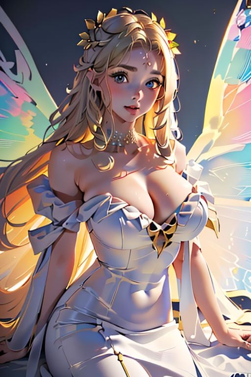 <lora:auroraFateV10-000012:0.8>,(masterpiece, best quality, hi-res:1.2), 1girl, solo,wings , blonde hair , beutiful girl , huge breasts , dress , fitted white dress , dress with clamps