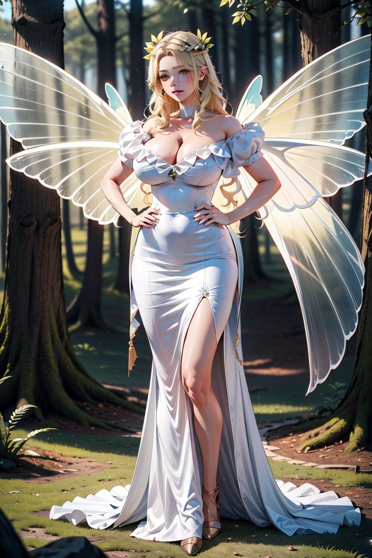 large breasts , blonde hair , long hair , fairy wings,(masterpiece, best quality, hi-res:1.2), 1woman, mature girl , solo,fairy wings, white dress , blonde hair , long hair , large breasts   , perfect anatomy, sexy pose ,Laurel wreath , short sleeve dress  , high detailed , forest, full_body 