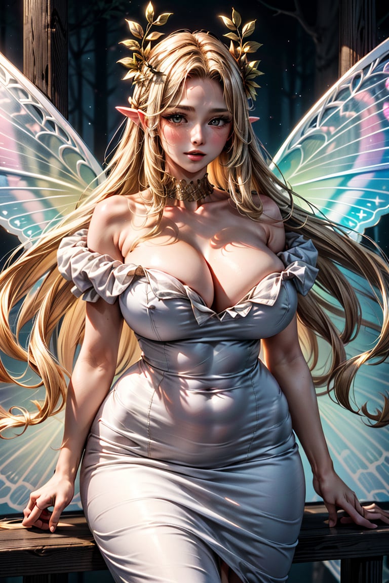 large breasts , blonde hair , long hair , fairy wings,(masterpiece, best quality, hi-res:1.2), 1woman, mature girl , solo,fairy wings, white dress , blonde hair , long hair , large breasts   , perfect anatomy, sexy pose ,Laurel wreath , short sleeve dress  , high detailed, thicc , forest