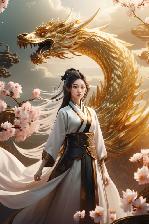 masterpiece, best quality, concept_dragon photo, 1girl, hanfu fashion, chinese dragon, eastern dragon, golden theme, volumetric lighting, ultra-high quality, photorealistic, flowers background <lora:concept_dragon_final:1>