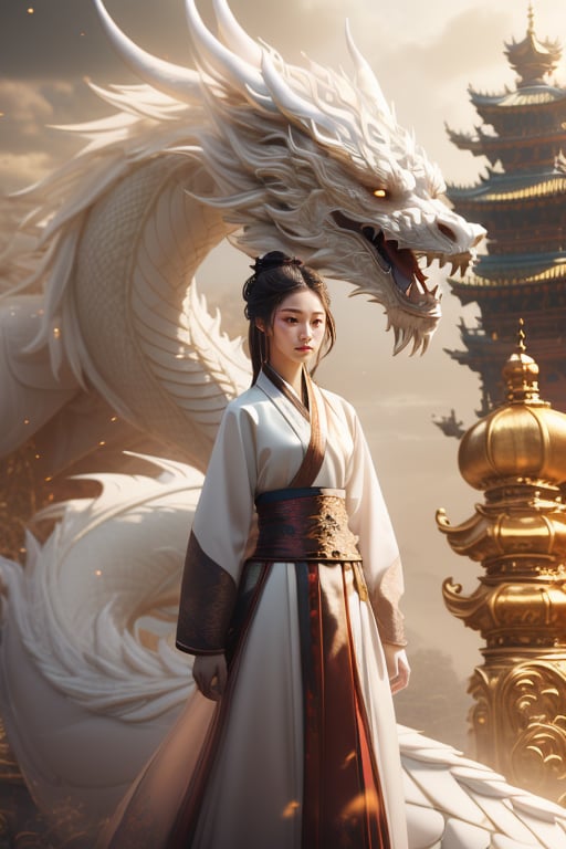 masterpiece, best quality, concept_dragon photo, 1girl, hanfu fashion, chinese dragon, eastern dragon, Brown theme, volumetric lighting, ultra-high quality, photorealistic, temples background <lora:concept_dragon_final:1>