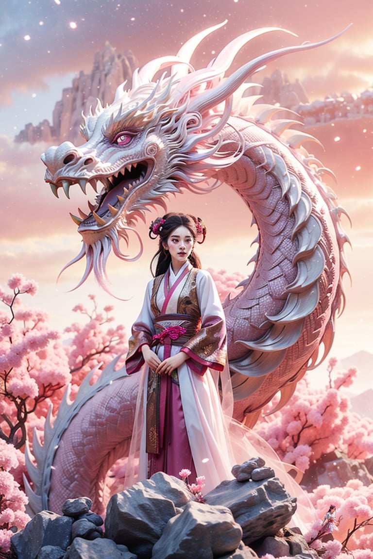 masterpiece,  top quality,  best quality,  official art,  beautiful and aesthetic:1.2),  (1girl:1.3),  ,  girl,  pink hair,  hanfu fashion,  chinese dragon,  eastern dragon,  (pink theme:1.5),  volumetric lighting,  ultra-high quality,  photorealistic,  rock moutain background,<lora:EMS-150977-EMS:1.000000>,<lora:EMS-52872-EMS:0.800000>