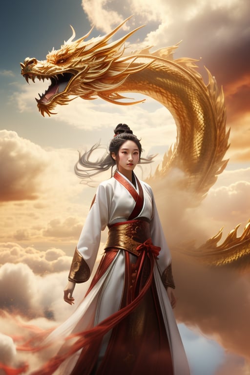 masterpiece, best quality, concept_dragon photo, 1girl, hanfu fashion, chinese dragon, eastern dragon, golden theme, volumetric lighting, ultra-high quality, photorealistic, clouds background <lora:concept_dragon_final:1>