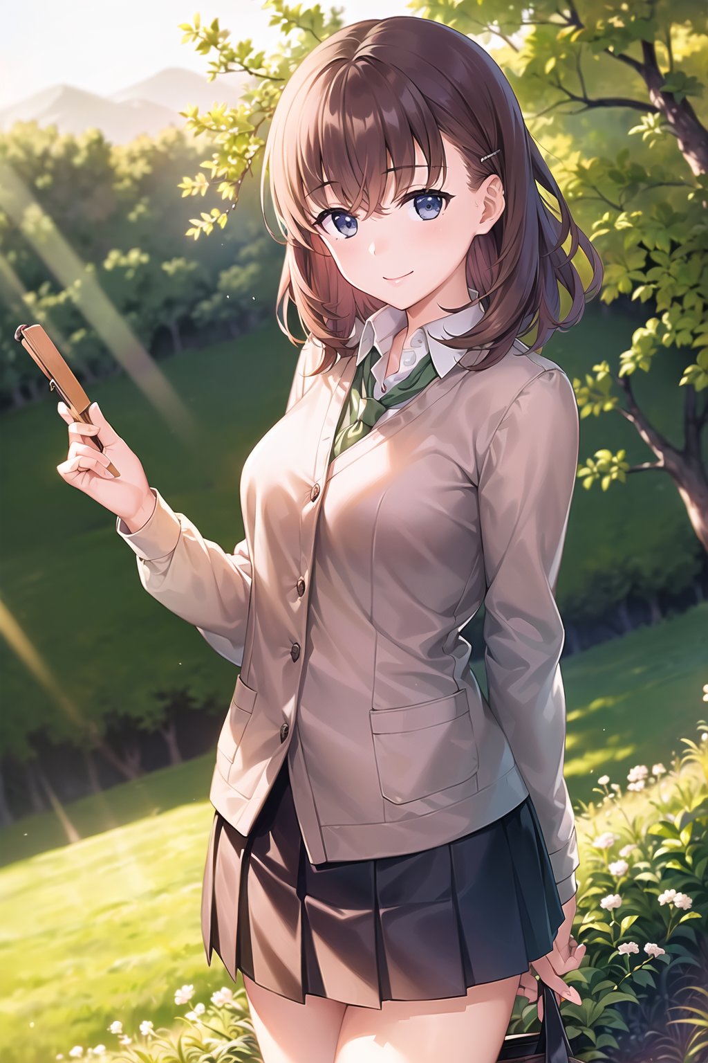 (Masterpiece,  Best Picture Quality,  Best Picture Quality Score: 1.3),  (Sharpest Picture Quality),  Perfect Beautiful Woman: 1.5,  brown hair),  (school uniform),  (woman standing in olive field),  (solitude),  (best smile),  (very beautiful view),  (flapping skirt),  (visible panties),  (pleated dark blue skirt ),  (loose socks),<lora:EMS-151226-EMS:0.800000>