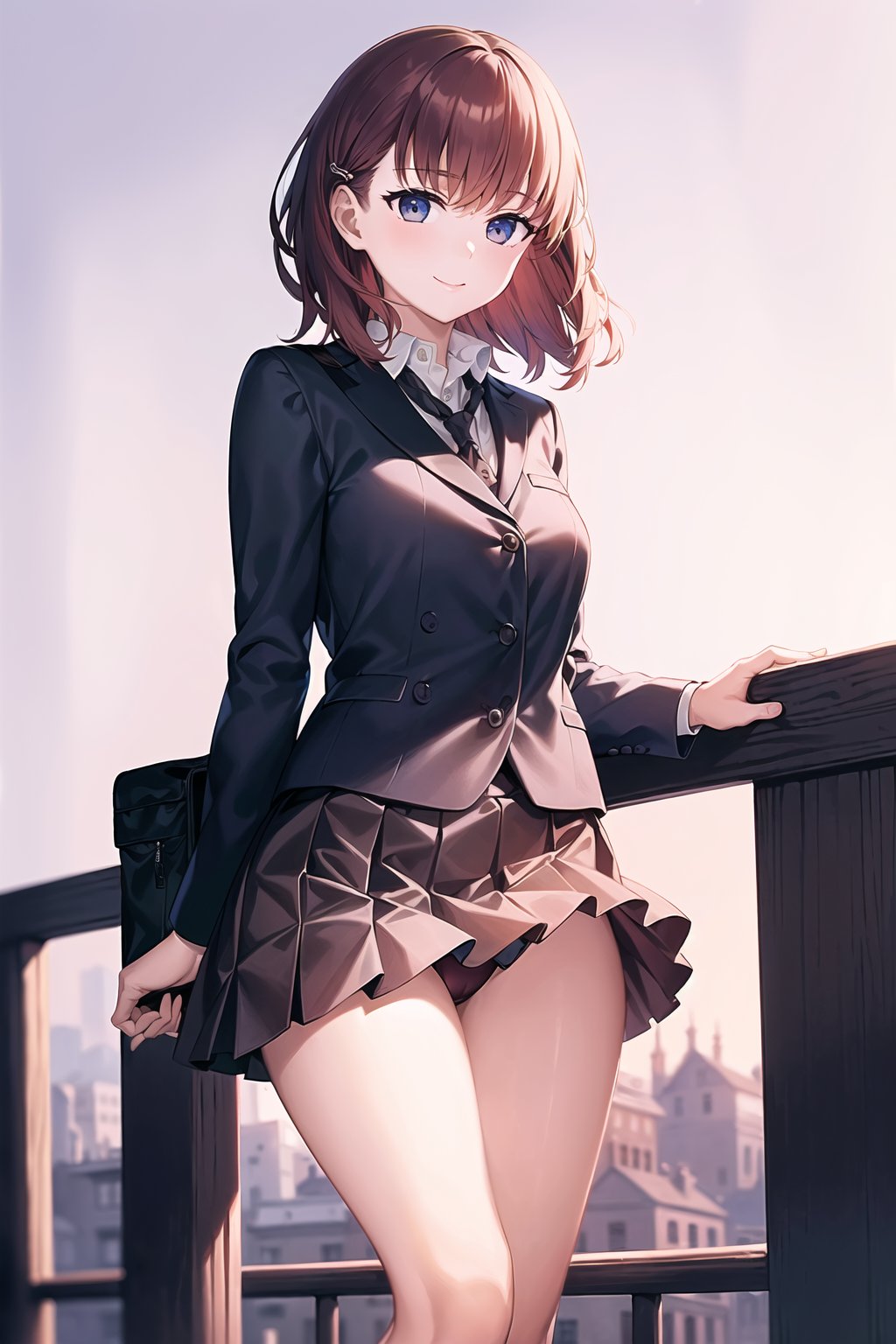 (Masterpiece,  Best Picture Quality,  Best Picture Quality Score: 1.3),  (Sharpest Picture Quality),  Perfect Beautiful Woman: 1.5,  red brown hair,  short cut hair,  (school uniform),  street for students going to and from school,  (solitude),  (best smile),  (very beautiful view),  (flapping skirt),  (visible panties),  (pleated dark blue skirt ),  (loose socks),  school_girl,<lora:EMS-151226-EMS:0.800000>