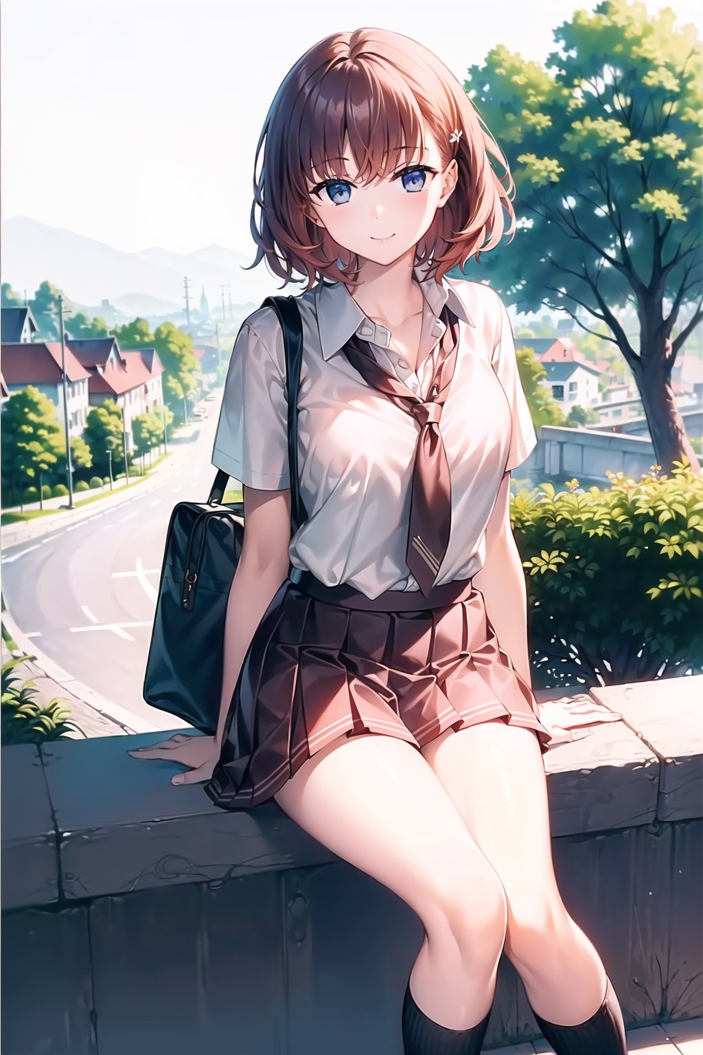 (Masterpiece,  Best Picture Quality,  Best Picture Quality Score: 1.3),  (Sharpest Picture Quality),  Perfect Beautiful Woman: 1.5,  red brown hair, short cut hair, (school uniform),  street for students going to and from school,  (solitude),  (best smile),  (very beautiful view),  (flapping skirt),  (visible white panty),  (pleated dark blue skirt ),  (loose socks), school_girl,