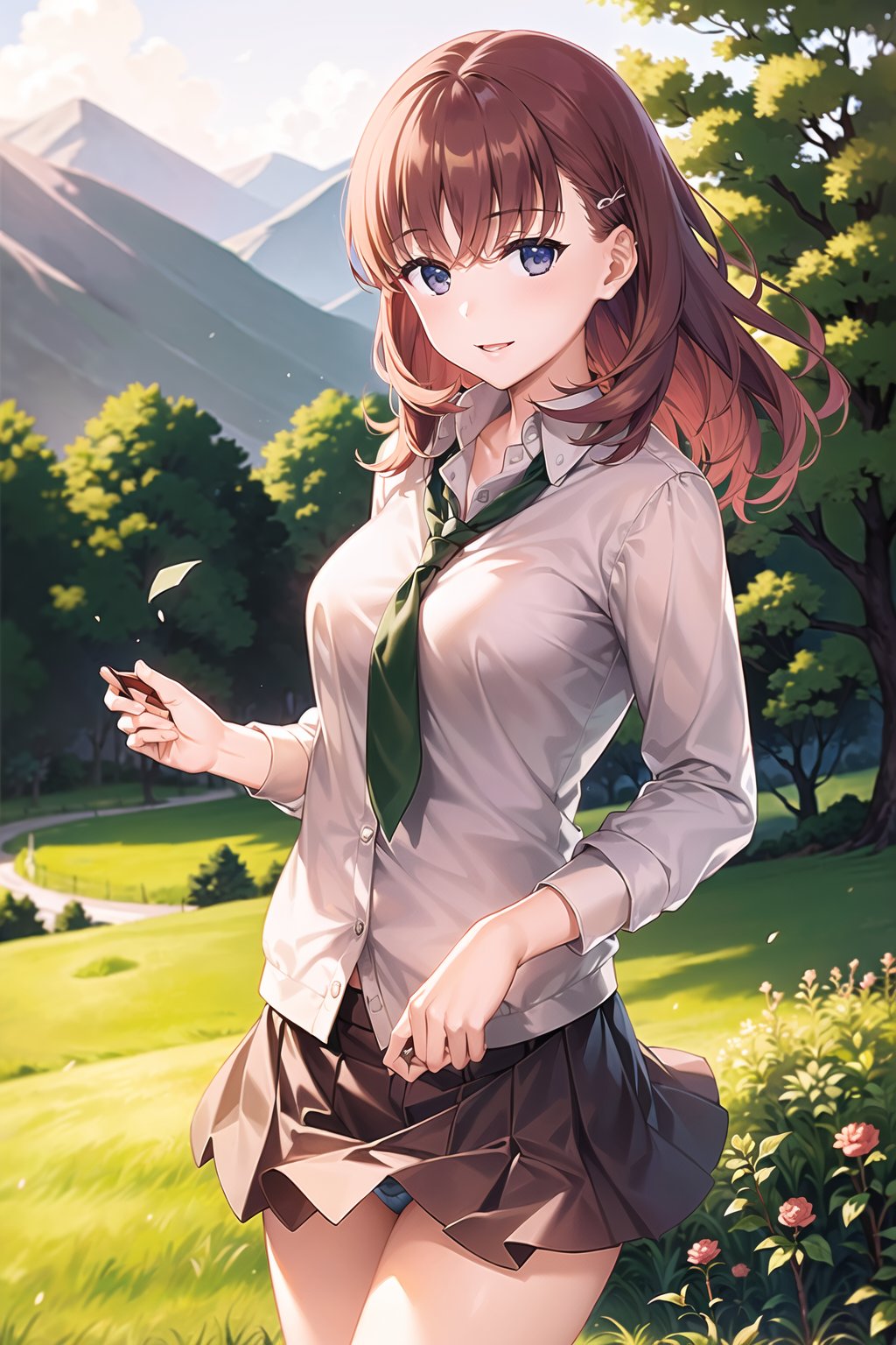 (Masterpiece,  Best Picture Quality,  Best Picture Quality Score: 1.3),  (Sharpest Picture Quality),  Perfect Beautiful Woman: 1.5,  red brown hair),  (school uniform),  (woman standing in olive field),  (solitude),  (best smile),  (very beautiful view),  (flapping skirt),  (visible panties),  (pleated dark blue skirt ),  (loose socks),<lora:EMS-151226-EMS:0.800000>