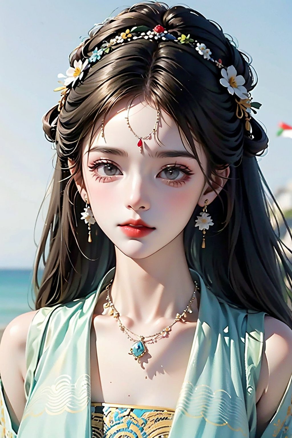 1girl, solo, long hair, looking at viewer, simple background, black hair, hair ornament, white background, dress, bare shoulders, jewelry, collarbone, upper body, braid, flower, earrings, parted lips, hair flower, necklace, facial mark, chinese clothes, forehead mark, hanfu, 8K,HDR,high resolution,(Masterpiece :1.3),(best quality :1.2),high quality,high detail,blurry background,