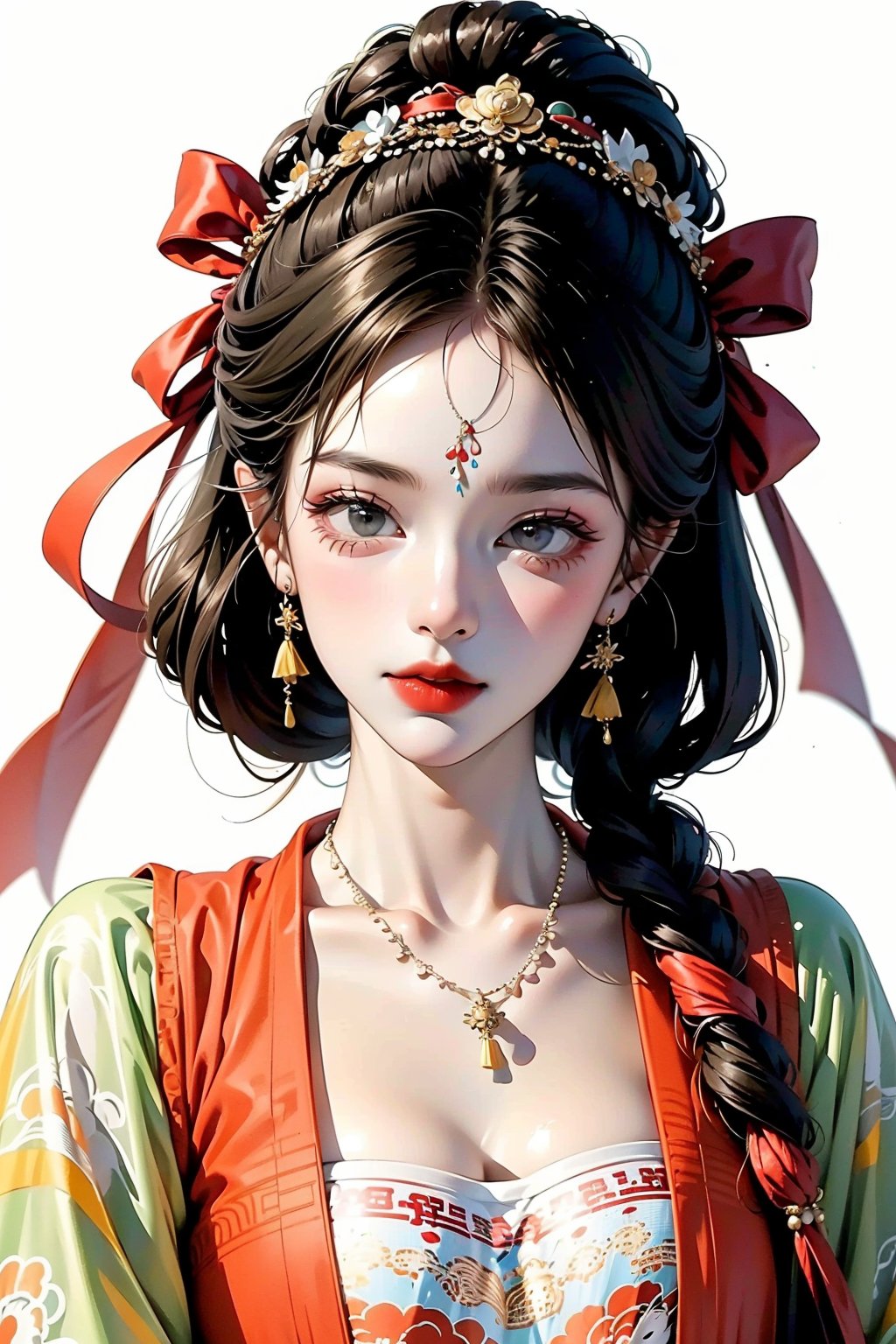 1girl, solo, long hair, looking at viewer, simple background, black hair, hair ornament, white background, dress, ribbon, jewelry, upper body, flower, earrings, necklace, hair bun, facial mark, chinese clothes, forehead mark, red lips, hanfu, 8K,HDR,high resolution,(Masterpiece :1.3),(best quality :1.2),high quality,high detail,blurry background,