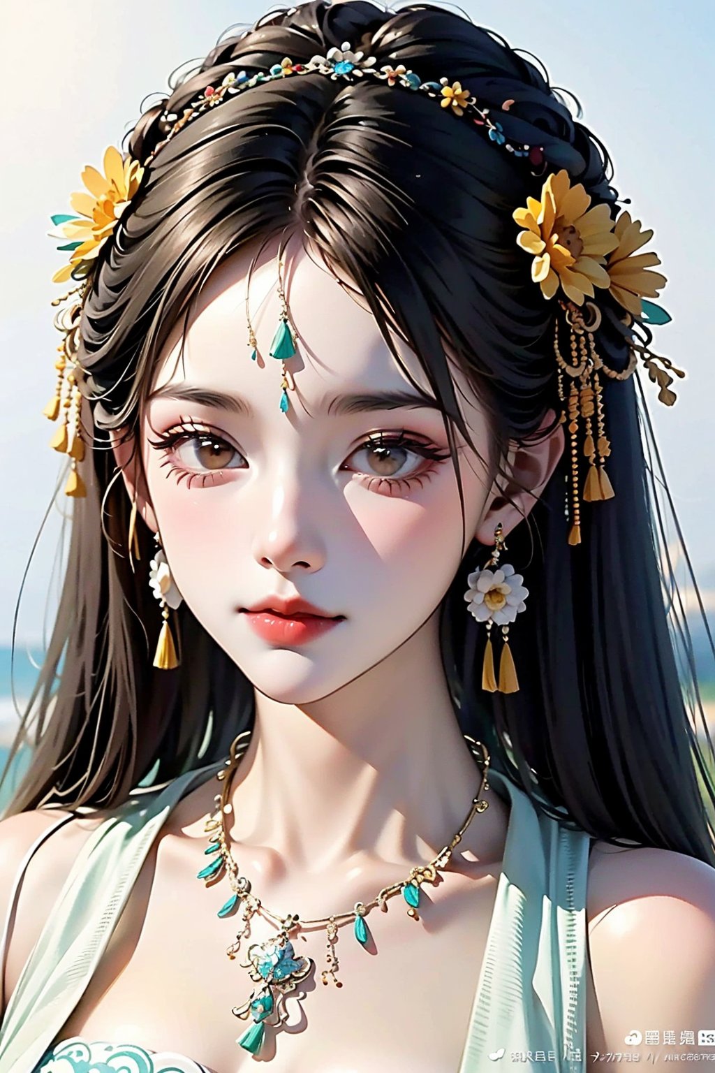 1girl, solo, breasts, looking at viewer, bangs, simple background, black hair, hair ornament, white background, dress, brown eyes, jewelry, closed mouth, upper body, flower, earrings, artist name, hair flower, necklace, facial mark, chinese clothes, white flower, beads, hanfu, 8K,HDR,high resolution,(Masterpiece :1.3),(best quality :1.2),high quality,high detail,blurry background,