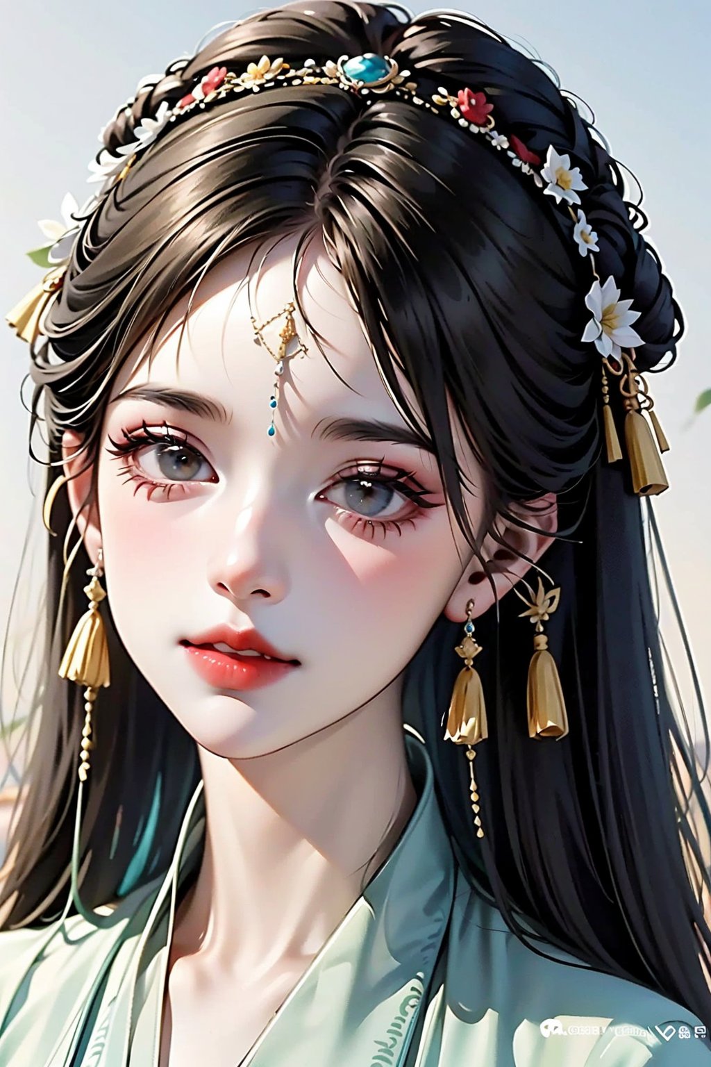 1girl, solo, long hair, looking at viewer, simple background, black hair, hair ornament, white background, jewelry, upper body, flower, earrings, parted lips, teeth, hair flower, hair bun, makeup, tiara, tassel, portrait, red lips, hanfu, 8K,HDR,high resolution,(Masterpiece :1.3),(best quality :1.2),high quality,high detail,blurry background,