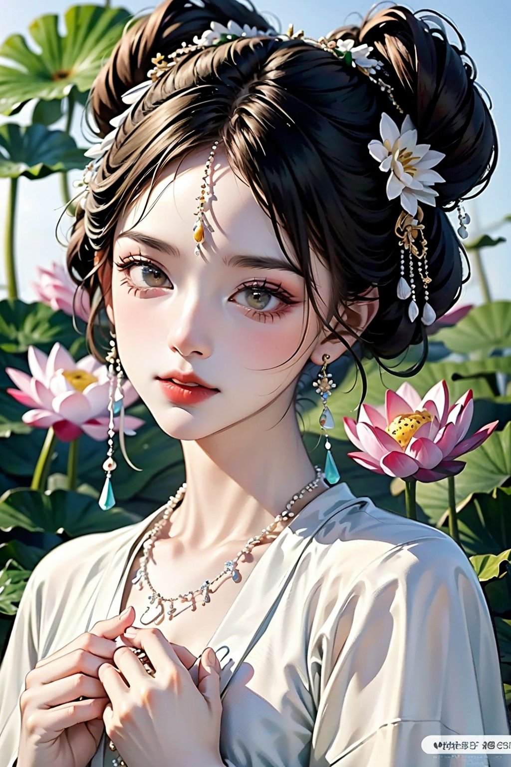 1girl,solo,brown hair,black hair,hair ornament,white background,dress,holding,jewelry,upper body,flower,earrings,parted lips,hair flower,necklace,hair bun,double bun,makeup,chinese clothes,beads,lotus,hanfu,, 8K,HDR,high resolution,(Masterpiece :1.3),(best quality :1.2),high quality,high detail,blurry background,