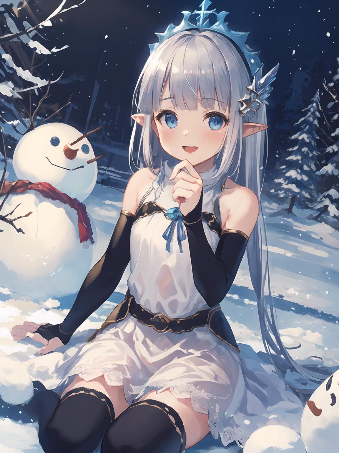 masterpiece,best quality,highres,cinematic lighting,dramatic angle,1girl,silver hair,hime cut,blue eyes,pointy ears,hair ornament,white  dress,bare shoulders,elbow fingerless gloves,cross-laced black legwear,<lora:CygamesLilyV1-000018:0.8:lbw=1,1,0.1,1,1,0.1,0.1,1,1,1,1,1,1,1,1,1,1>,happy,:d,looking at viewer,cowboy shot,making and playing with snowman,closed eyes,wariza