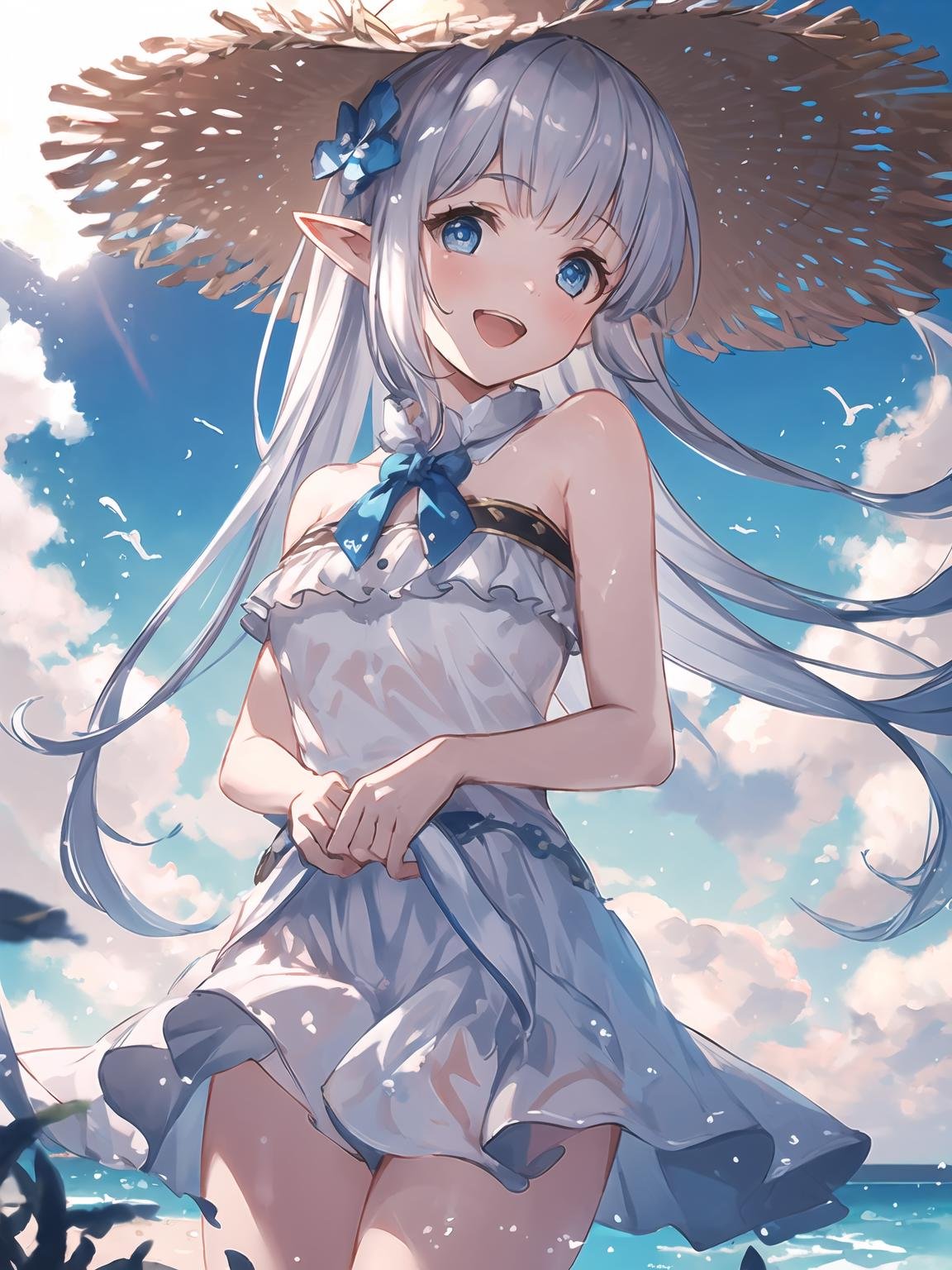 masterpiece,best quality,highres,cinematic lighting,dramatic angle,1girl,silver hair,very long hair,blue eyes,pointy ears,hair ornament,white  dress,bare shoulders,sandals,<lora:CygamesLilyV1-000018:0.8:lbw=1,1,0.1,1,1,0.1,0.1,1,1,1,1,1,1,1,1,1,1>,beach,seaside,poolside,skirt lift,transparent clothing,LilySpring,cowboy shot,bowtie,straw hat,stepping on water,happy,:d,half-closed eyes,sunshine,