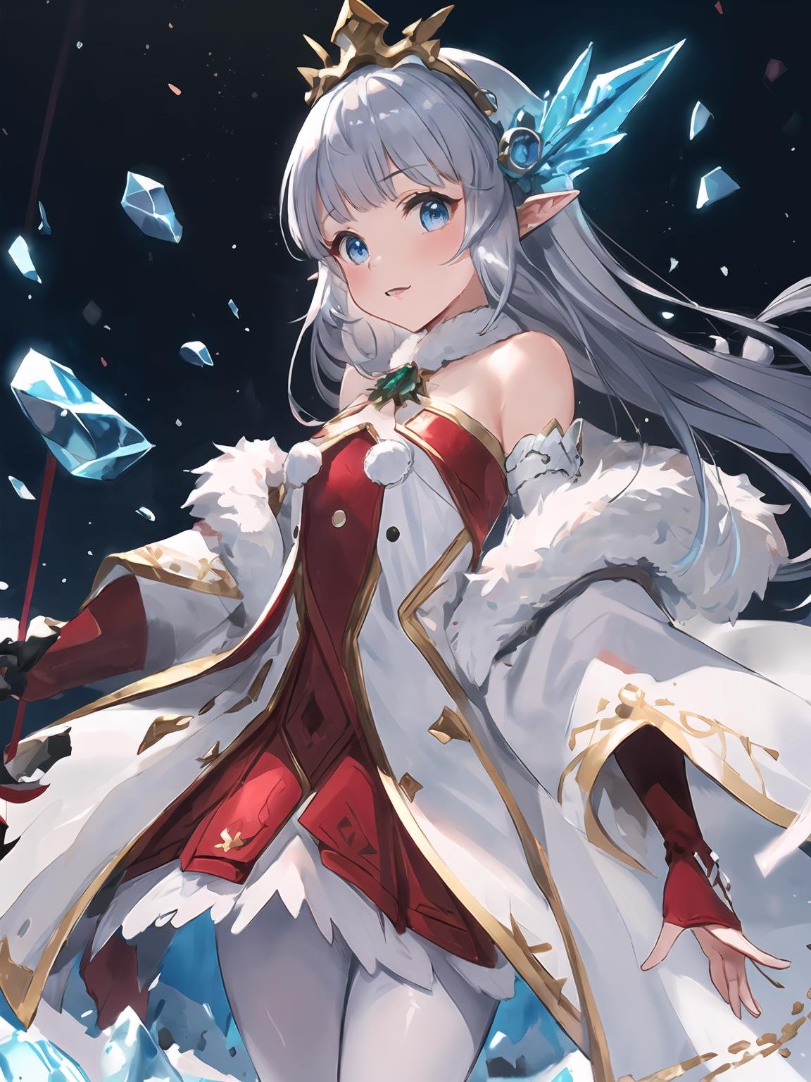 masterpiece,best quality,highres,cinematic lighting,dramatic angle,1girl,silver hair,hime cut,blue eyes,pointy ears,hair ornament,white and red dress,fur trim,thick coat,bare shoulders,elbow fingerless gloves,white pantyhose,layered dress,<lora:CygamesLilyV1-000018:0.8:lbw=1,1,0.1,1,1,0.1,0.1,1,1,1,1,1,1,1,1,1,1>,happy,looking at viewer,cowboy shot,LilyChristmas,icy baton,floating icele magical notes,