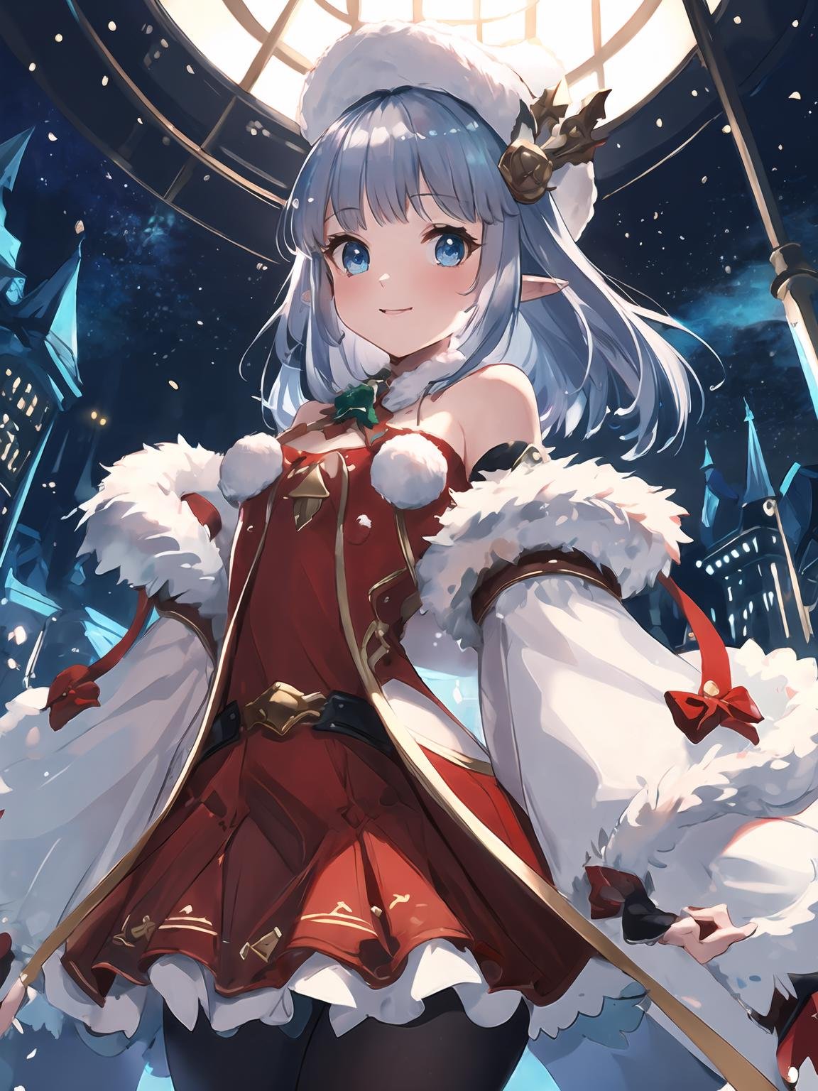 masterpiece,best quality,highres,cinematic lighting,dramatic angle,1girl,silver hair,hime cut,blue eyes,pointy ears,hair ornament,red dress,fur trim,thick coat,bare shoulders,elbow fingerless gloves,white pantyhose,layered dress,<lora:CygamesLilyV1-000018:0.8:lbw=1,1,0.1,1,1,0.1,0.1,1,1,1,1,1,1,1,1,1,1>,happy,looking at viewer,cowboy shot,LilyChristmas,hat,