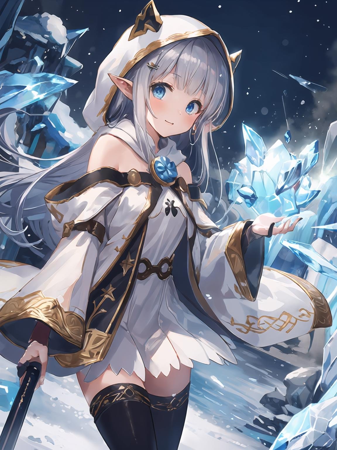 masterpiece,best quality,highres,cinematic lighting,dramatic angle,1girl,silver hair,hime cut,blue eyes,pointy ears,hair ornament,white dress,bare shoulders,elbow fingerless gloves,cross-laced black legwear,<lora:CygamesLilyV1-000018:0.8:lbw=1,1,0.1,1,1,0.1,0.1,1,1,1,1,1,1,1,1,1,1>,happy,looking at viewer,action pose,dynamic angle,winter,cowboy shot,wide sleeves,white robe,(hood:1.2),jacket,holding staff,blizzard,hypnosis,ice storm,crystal,