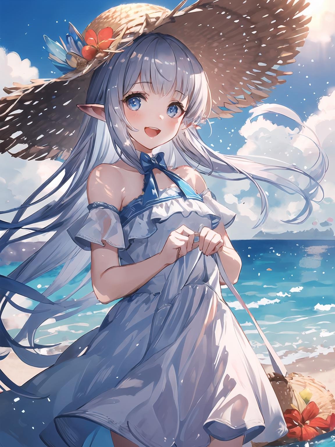 masterpiece,best quality,highres,cinematic lighting,dramatic angle,1girl,silver hair,very long hair,blue eyes,pointy ears,hair ornament,white  dress,bare shoulders,sandals,<lora:CygamesLilyV1-000018:0.8:lbw=1,1,0.1,1,1,0.1,0.1,1,1,1,1,1,1,1,1,1,1>,beach,seaside,poolside,skirt lift,transparent clothing,LilySpring,cowboy shot,bowtie,straw hat,stepping on water,happy,:d,half-closed eyes,sunshine,