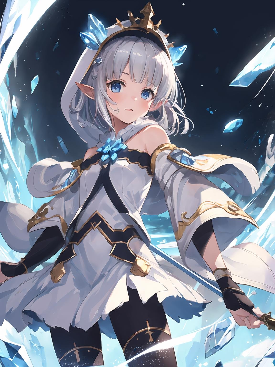 masterpiece,best quality,highres,cinematic lighting,dramatic angle,1girl,silver hair,hime cut,blue eyes,pointy ears,hair ornament,white dress,bare shoulders,elbow fingerless gloves,cross-laced black legwear,<lora:CygamesLilyV1-000018:0.8:lbw=1,1,0.1,1,1,0.1,0.1,1,1,1,1,1,1,1,1,1,1>,happy,looking at viewer,action pose,dynamic angle,winter,cowboy shot,wide sleeves,white robe,(hood:1.2),jacket,holding staff,blizzard,hypnosis,ice storm,crystal,