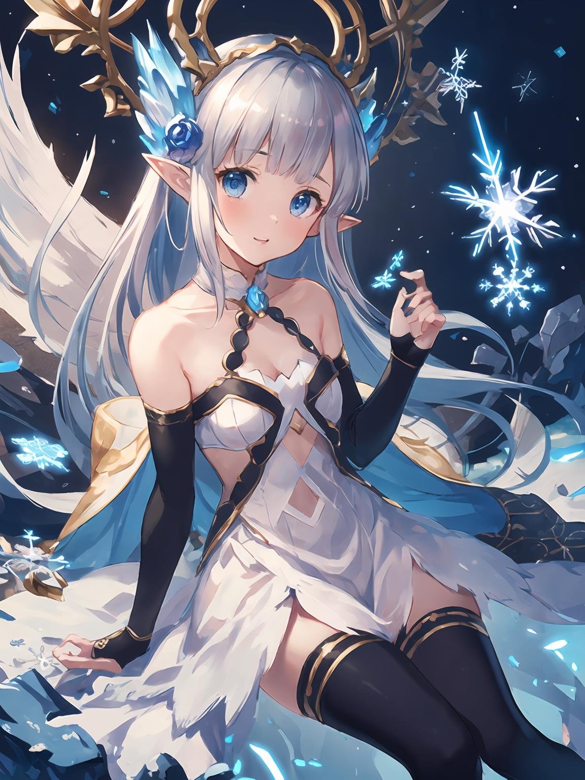 masterpiece,best quality,highres,cinematic lighting,dramatic angle,1girl,hime cut,blue eyes,pointy ears,hair ornament,white dress,bare shoulders,elbow fingerless gloves,cross-laced black legwear,<lora:CygamesLilyV1-000018:0.8:lbw=1,1,0.1,1,1,0.1,0.1,1,1,1,1,1,1,1,1,1,1>,snowflakes,happy,looking at viewer,