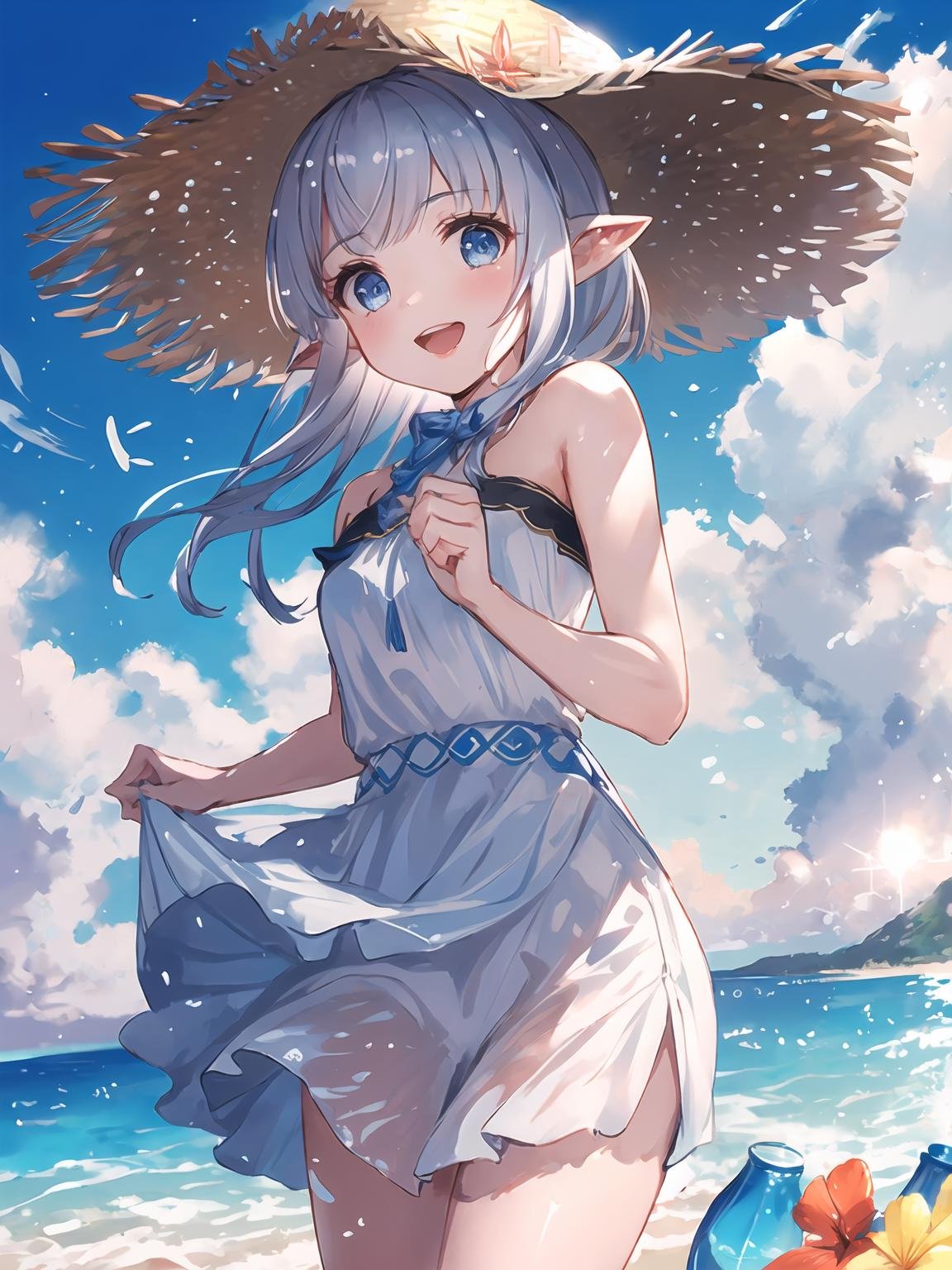 masterpiece,best quality,highres,cinematic lighting,dramatic angle,1girl,silver hair,very long hair,blue eyes,pointy ears,hair ornament,white  dress,bare shoulders,sandals,<lora:CygamesLilyV1-000018:0.8:lbw=1,1,0.1,1,1,0.1,0.1,1,1,1,1,1,1,1,1,1,1>,beach,seaside,poolside,skirt lift,transparent clothing,LilySpring,cowboy shot,bowtie,straw hat,stepping on water,happy,:d,half-closed eyes,sunshine,