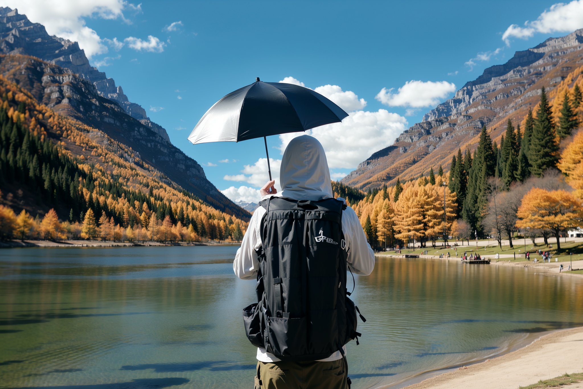 1girl, solo, long sleeves, holding, jacket, outdoors, sky, day, cloud, hood, water, bag, from behind, tree, blue sky, umbrella, backpack, nature, scenery, forest, reflection, holding umbrella, transparent, lake, photo background, transparent umbrella, 8K,HDR,high resolution,(Masterpiece :1.3),(best quality :1.2),high quality,high detail,blurry background,